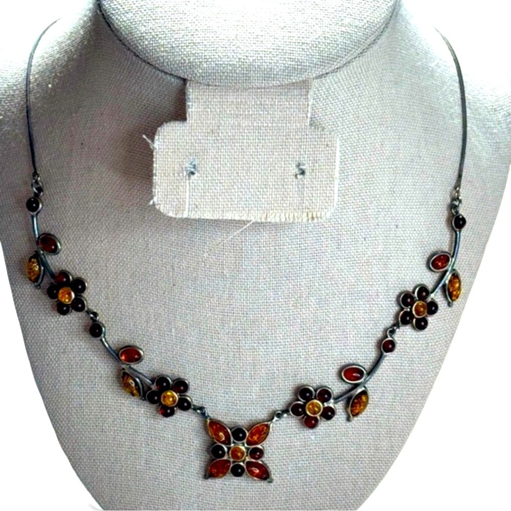 Vintage 925 Sterling Silver Multi Color Amber Floral statement Necklace